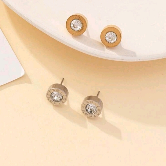 2pairs Titanium stainless steel Roman Numeral‎ Circle Stud Earrings - Picture 2 of 3